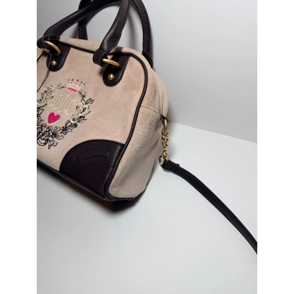 Juicy Couture Satchel Bag Women Small Pink Velour Embroidered Heart Crossbody
